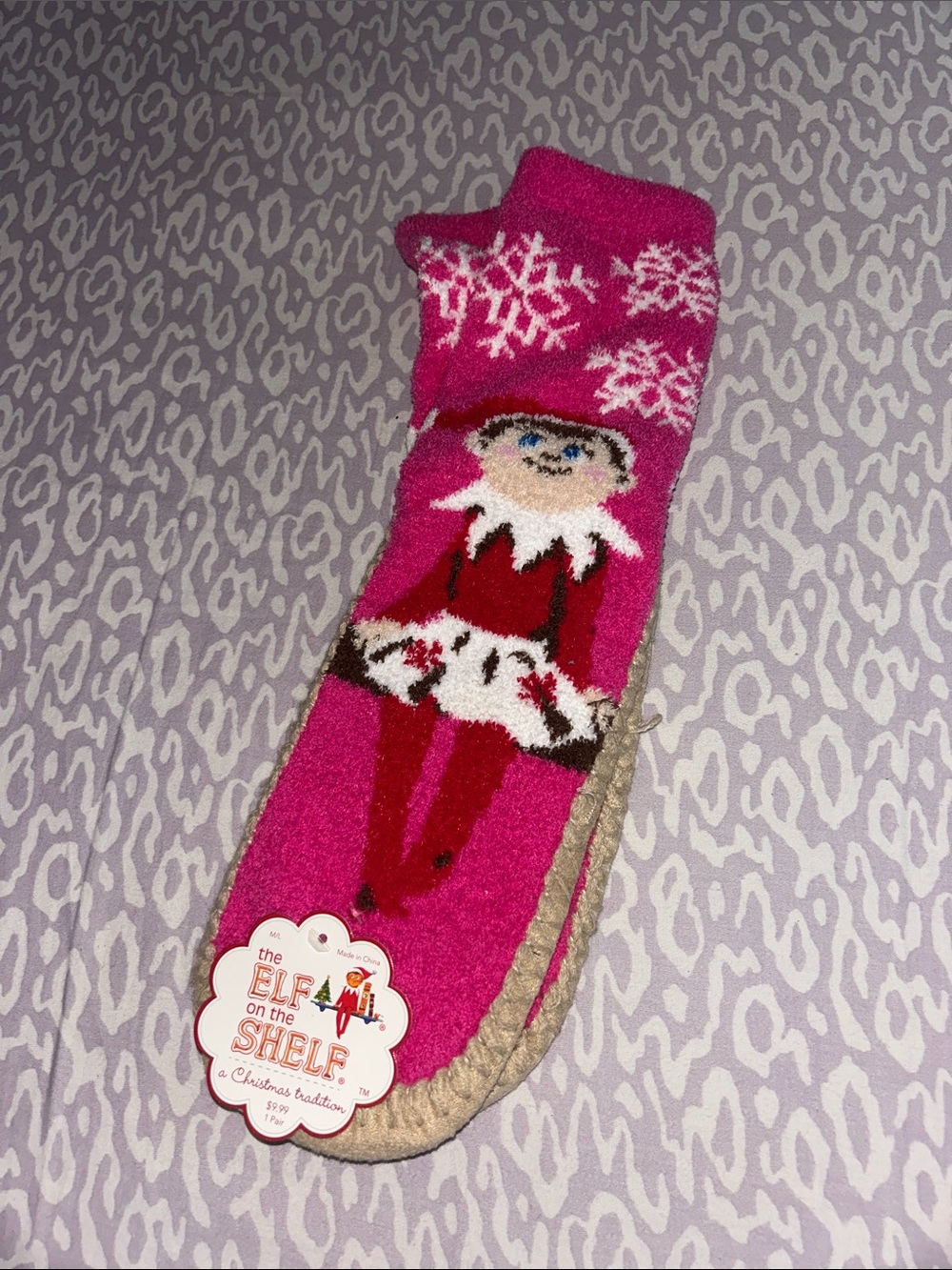 Kids Fuzzy Pink Elf Holiday Slipper Socks with Snowflakes